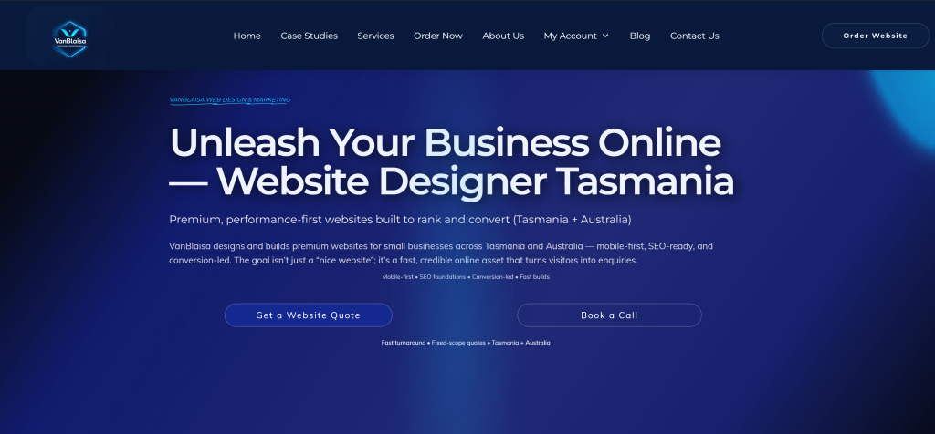 VanBlaisa website design and marketing homepage with calls to get a website quote or book a call