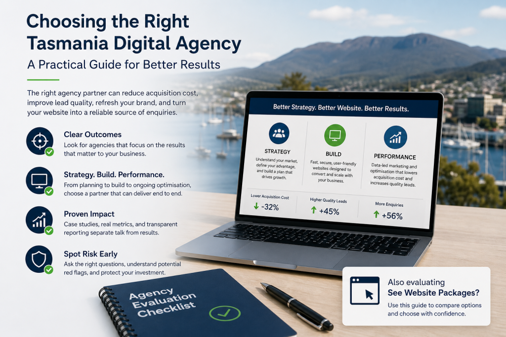 Choosing the Right Tasmania Digital Agency services guide with checklist, laptop strategy graphic, and evaluation tips