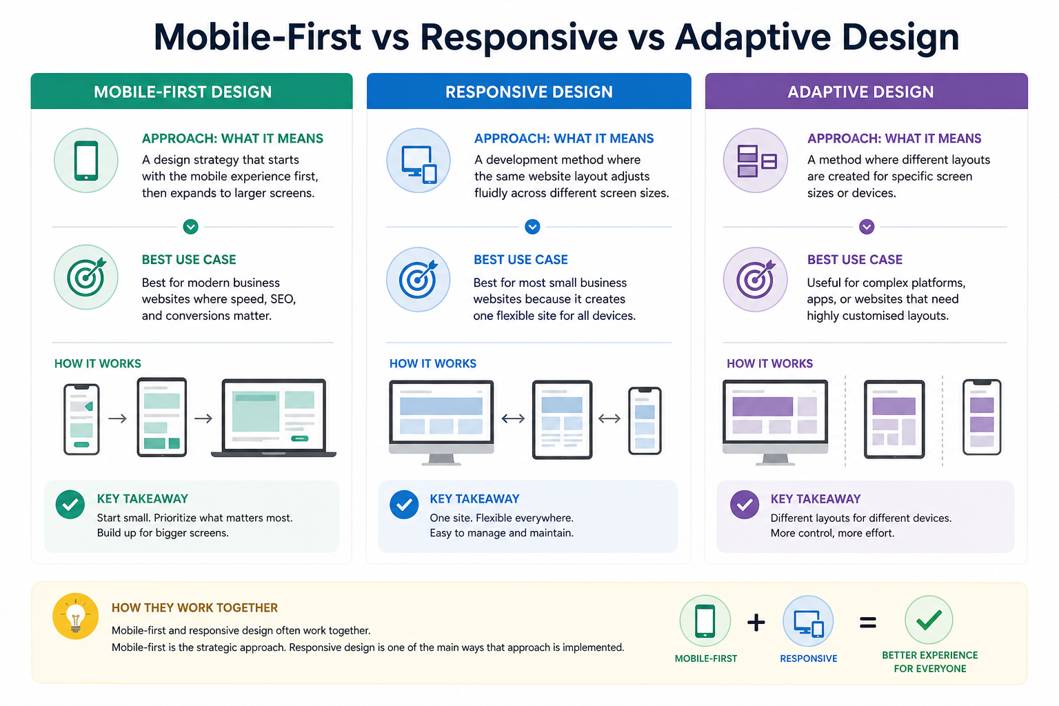 Comparison of mobile-first, responsive, and adaptive design, with how each