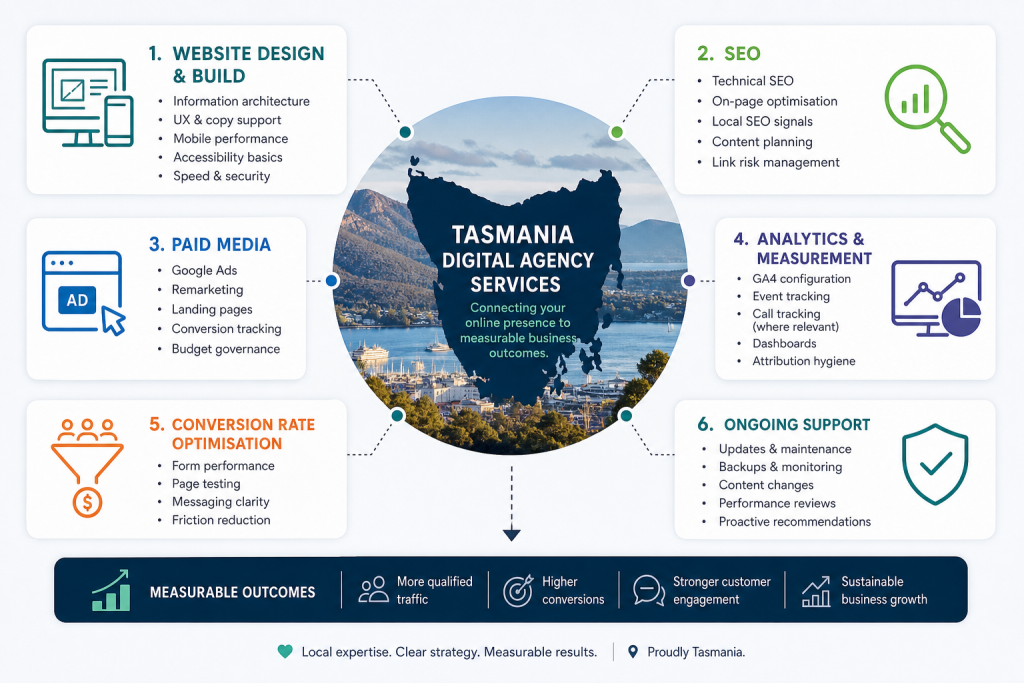 Infographic of Tasmania digital agency services: website design, SEO, paid