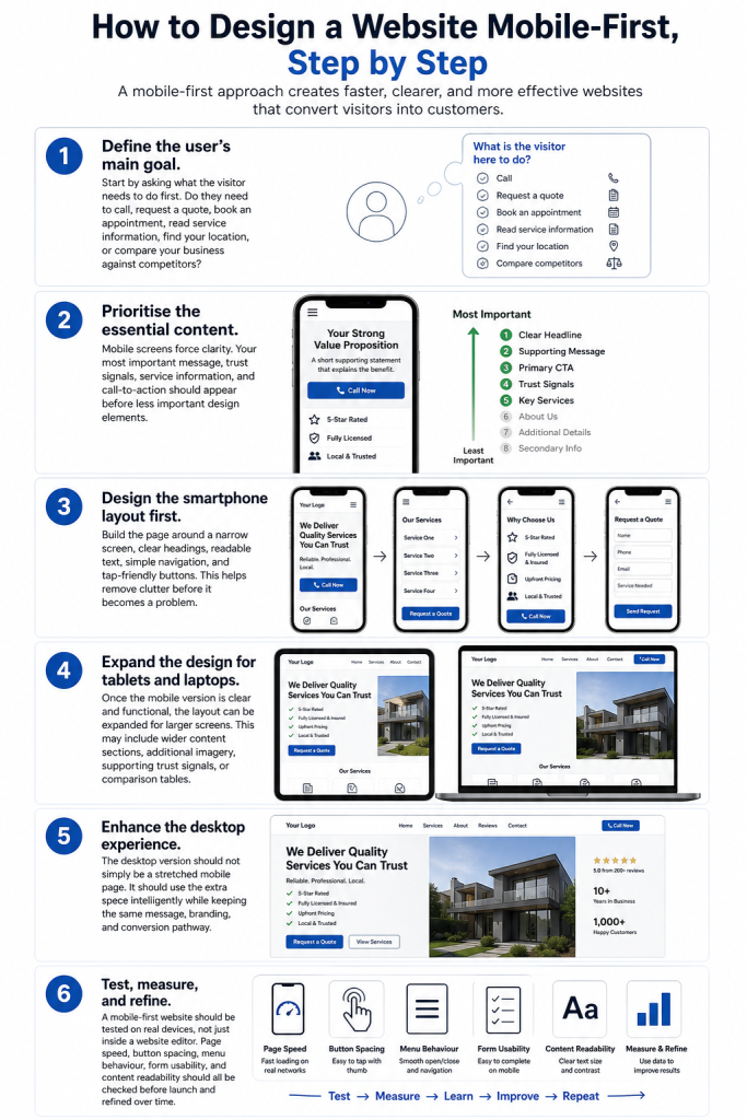 Infographic on designing a website mobile-first, with six steps from defining