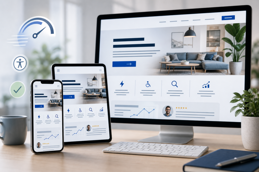 Responsive website shown on desktop, tablet, and phone with accessibility and performance icons