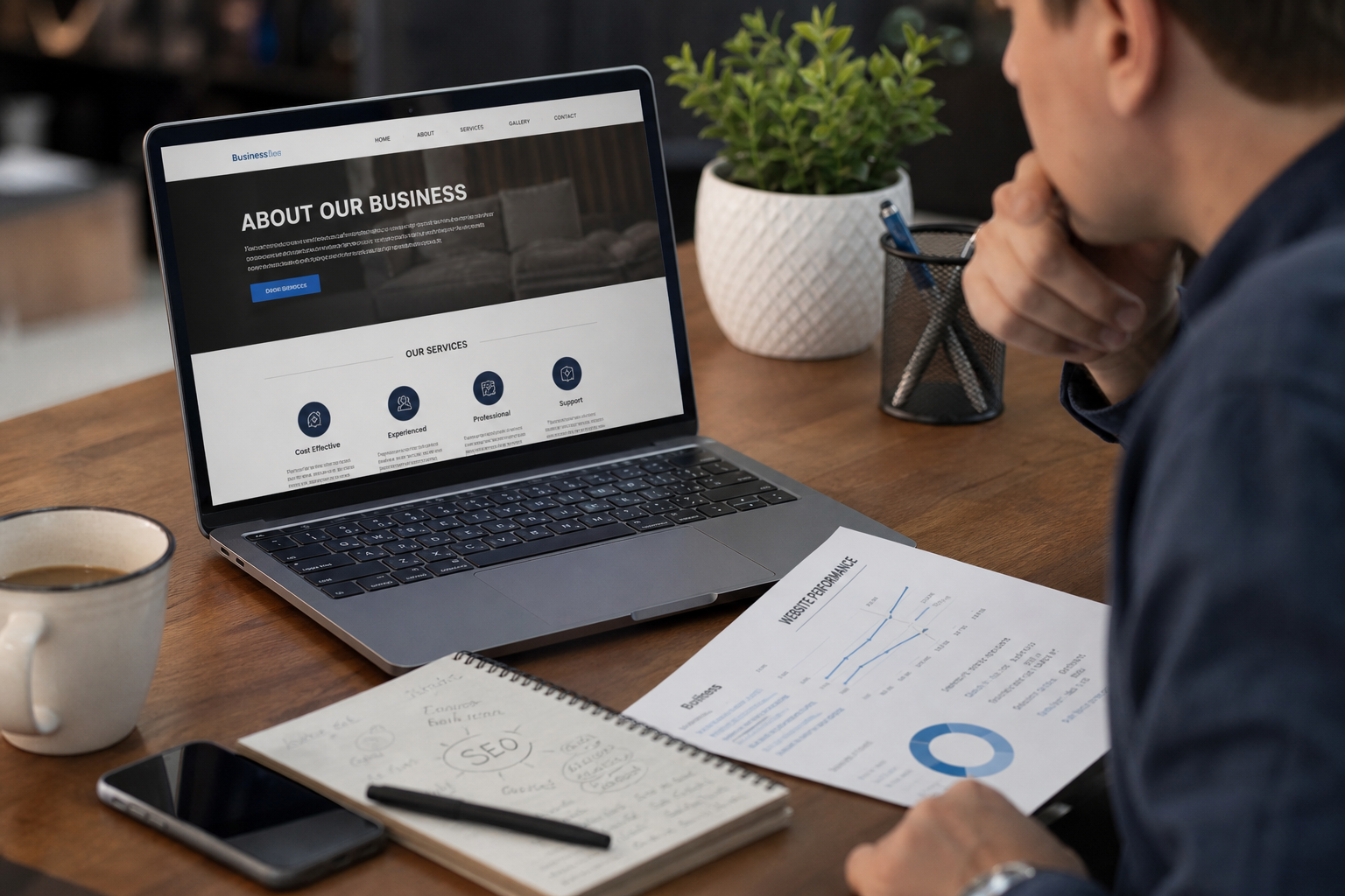 Person reviewing a business website and performance reports at a desk with a