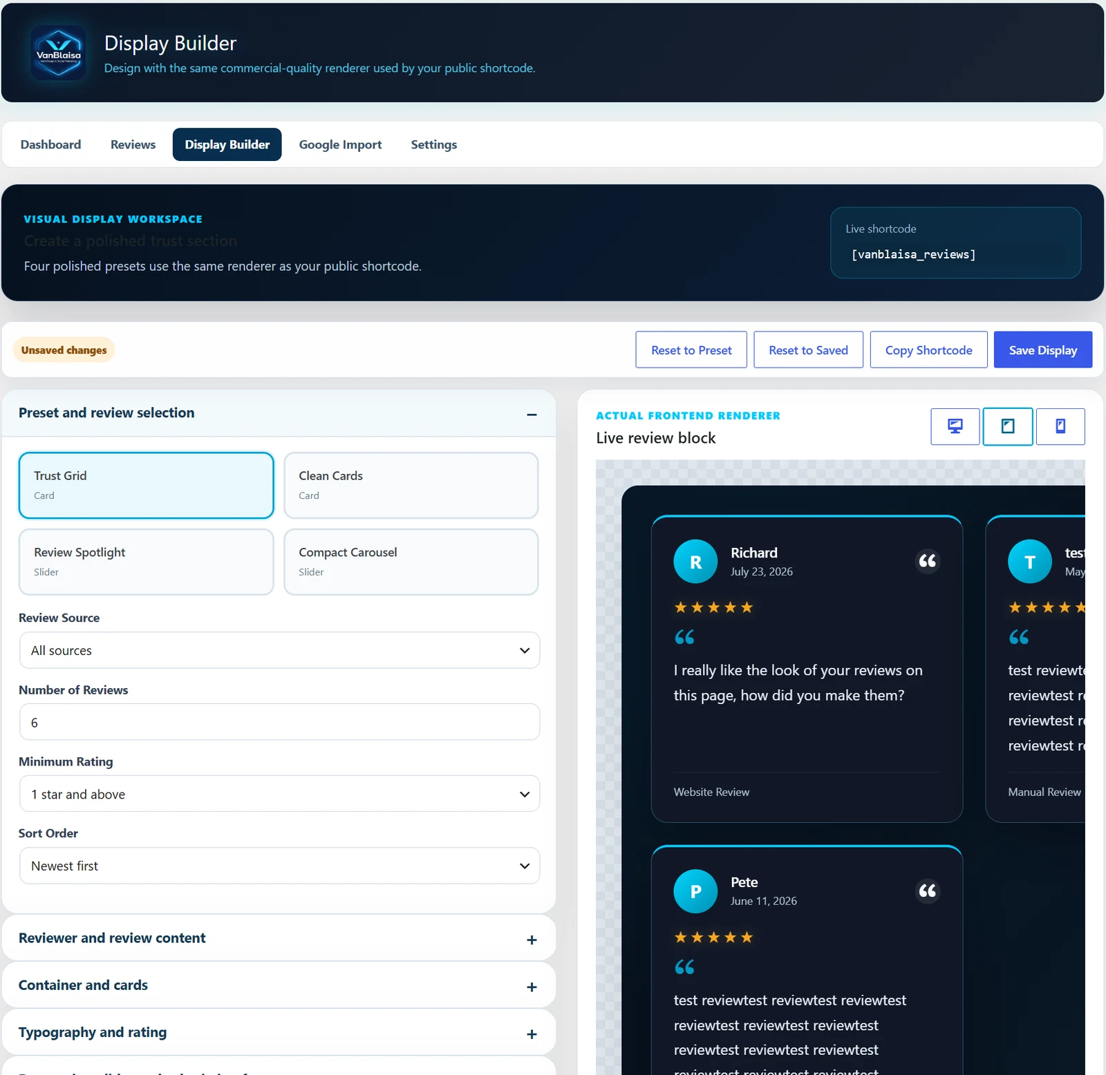 VanBlaisa Review Intelligence Lite Display Builder with frontend preview
