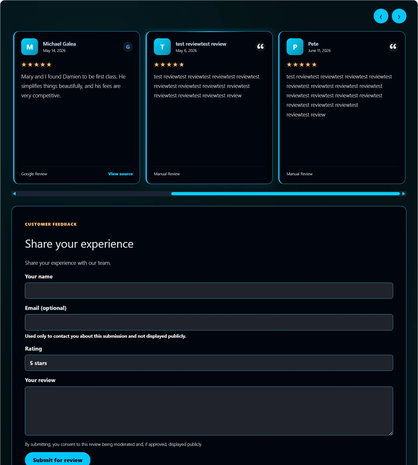 Customer review submission form