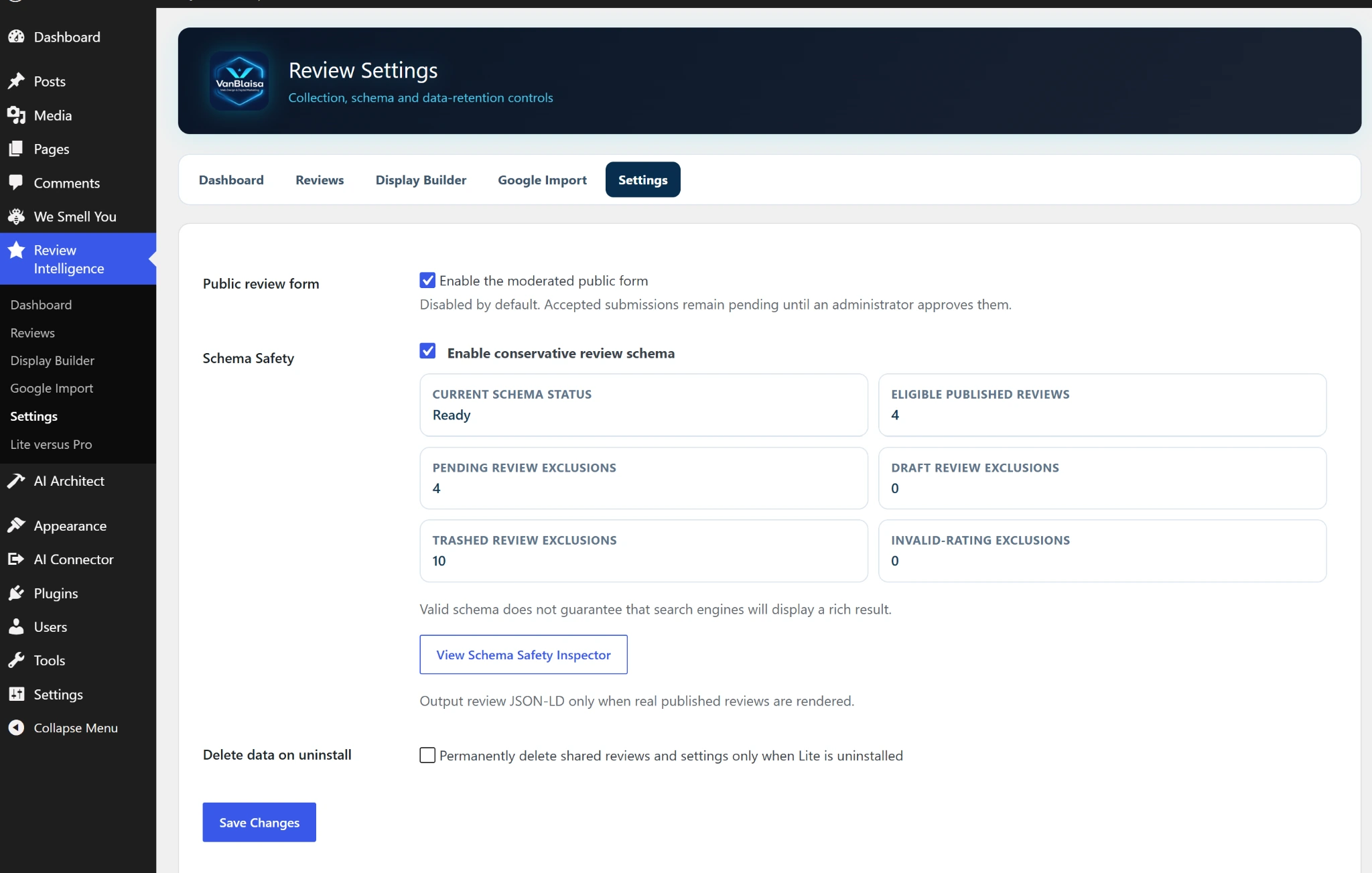VanBlaisa Review Intelligence Lite schema and review settings